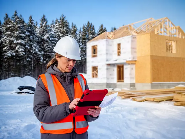 Home builder in a white hard hat and orange vest checking a red-cased tablet beside a framed house in the snow
