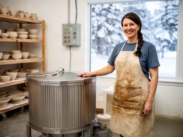 Potter in a clay-stained apron resting her hand on the lid of a new steel kiln in her studio