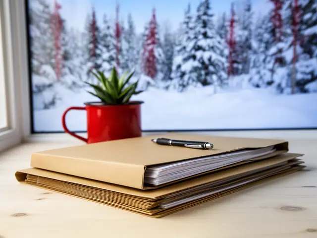 Stack of kraft-brown file folders with a pen on a pine desk beside a window onto snowy pines