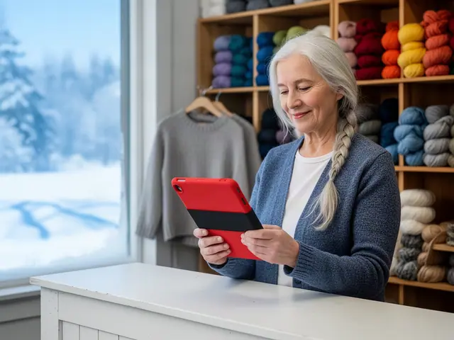 Silver-haired yarn shop owner reviewing a red-cased tablet behind a white counter, shelves of yarn behind her