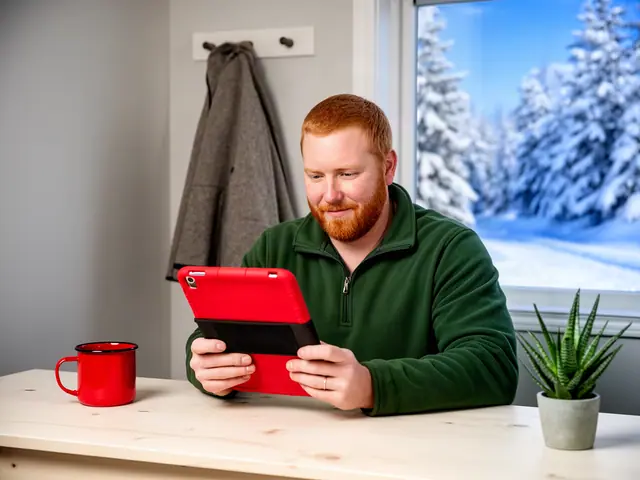 Red-bearded business owner in a green fleece reviewing a red-cased tablet at a pine desk by a snowy window