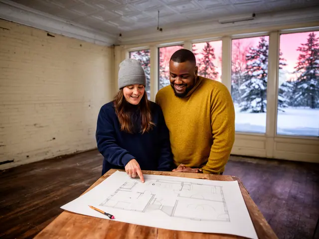 Two business partners smiling over a hand-drawn floor plan on a table in an empty brick storefront