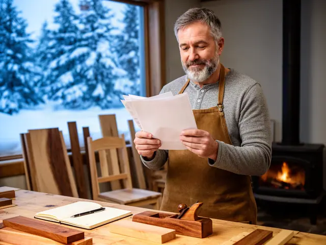 Woodworker in a canvas apron reading printed sheets at his workbench in a snowy-window furniture workshop